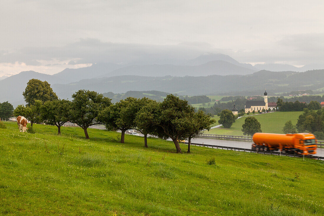 German Autobahn, A 8, farming, cows, green pastures, hills, orange truck, motorway, highway, freeway, speed, speed limit, traffic, infrastructure, Bavaria, Germany