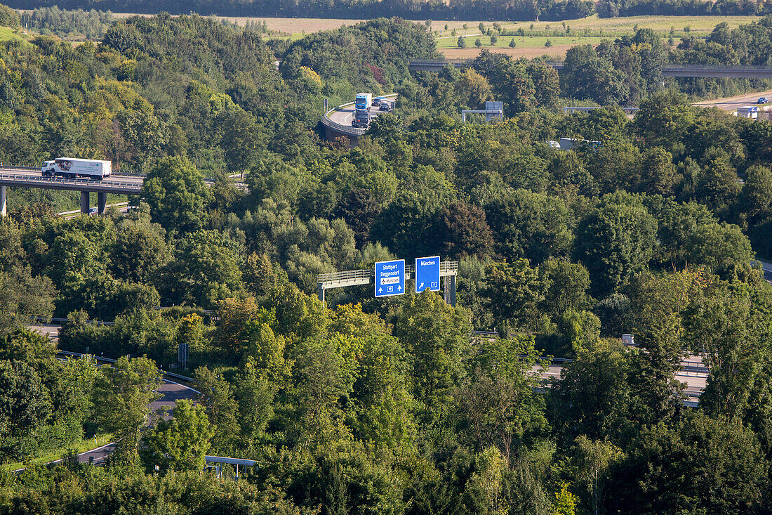 German Autobahn, A 99, blue signs amongst trees, motorway, highway, freeway, speed, speed limit, traffic, infrastructure, hills, Münich, Bavaria, Germany