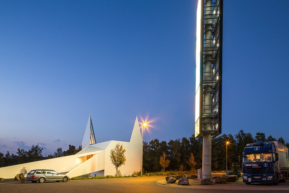 exterior of church at service station truck stop, German Autobahn A 45, modern architecture, chipboard, road church, motorway, freeway, speed, speed limit, traffic, infrastructure, night, Wilnsdorf, Germany