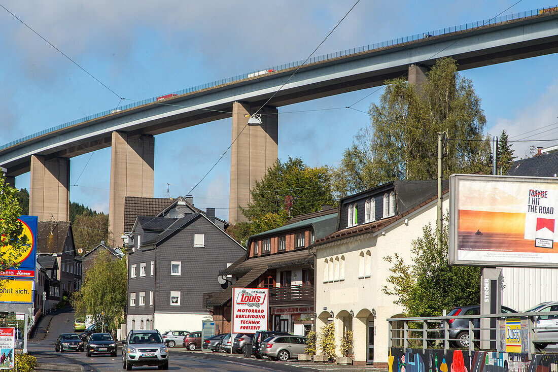 German Autobahn, A 45, township under bridge, pylons, motorway, highway, freeway, speed, speed limit, traffic, infrastructure, Eiserfeld, Germany