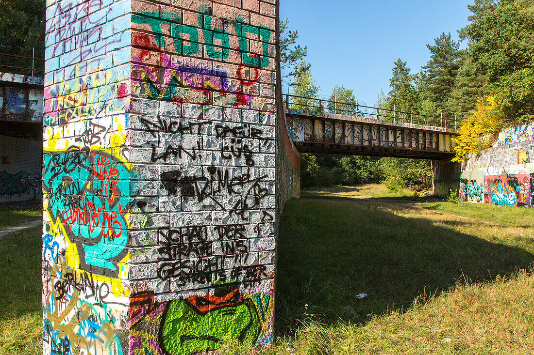 former Reichsautobahn, Third Reich, deserted, overgrown, railway bridge, graffiti, motorway, freeway, traffic, infrastructure, Berlin, Germany