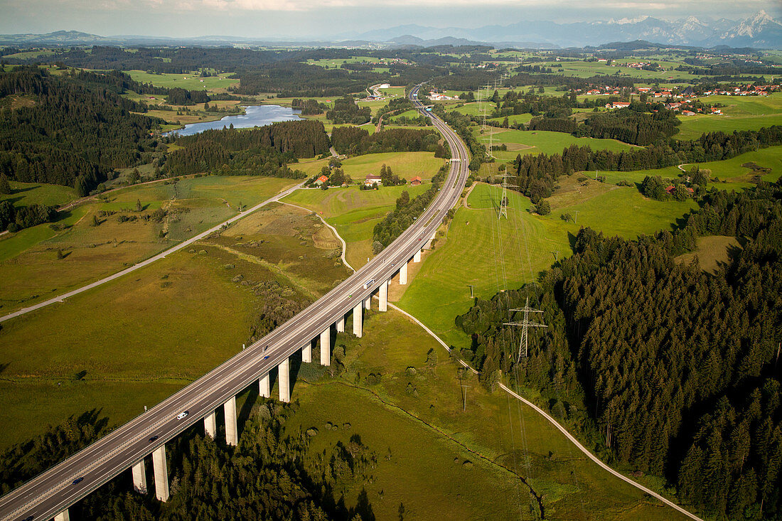 aerial, German Autobahn, A 7, crosses the Rottach, landscape, motorway, highway, freeway, speed, speed limit, traffic, infrastructure, near Kempten, Germany
