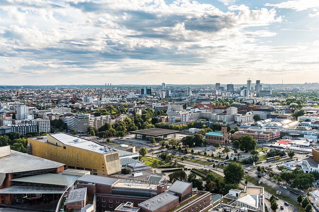 view from Potsdamer Platz with St. Matthaeus church in the foreground and the new National Gallery, Berlin, Germany