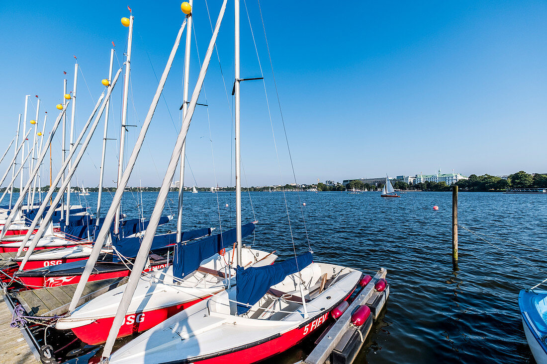 Segelboote auf der Aussenalster und Blick auf das Hotel Atlantic in Hamburg, Norddeutschland, Deutschland