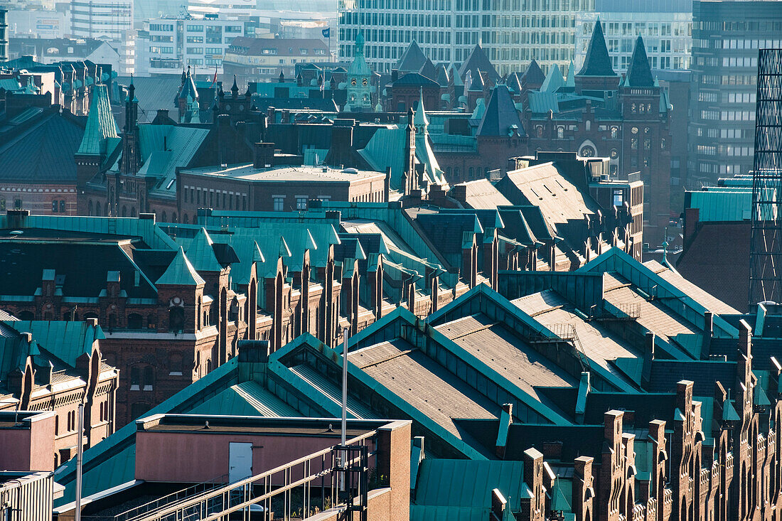 view over the roofs of the Speicherstadt in the morning sun, Hamburg, north Germany, Germany