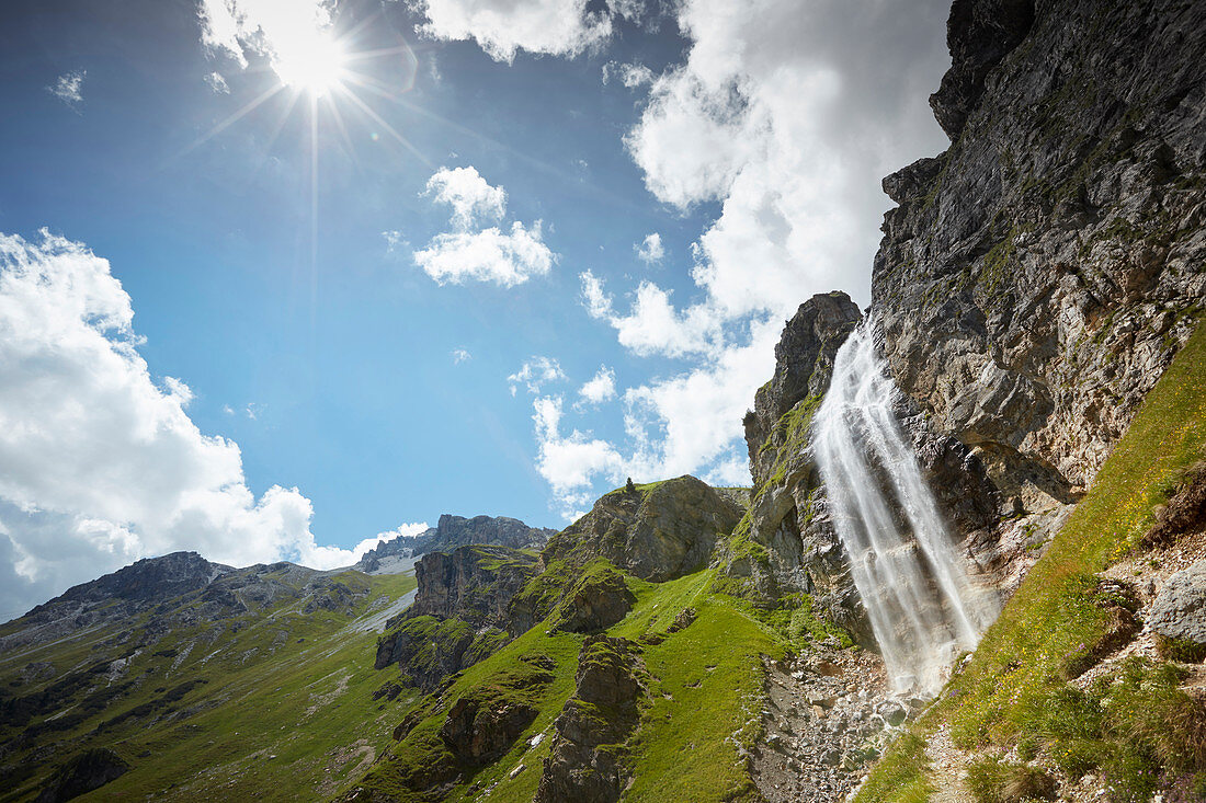 Schwarzwand Waterfall below the Sesvenna hut, Sesvenna range between Unterengadin Switzerland and Vinschgau, Italy