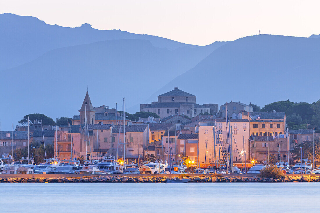 View from beach Plage de la Roya to Saint-Florent, Corsica, Southern France, France, Southern Europe