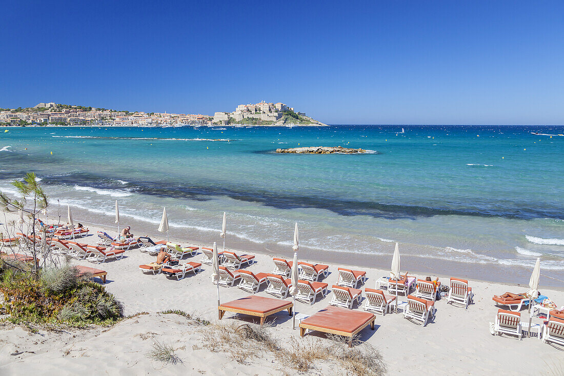 Blick über den Strand auf die Zitadelle von Calvi, Korsika, Südfrankreich, Frankreich, Südeuropa, Europa