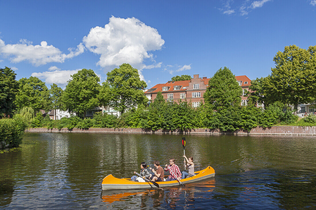 Canoe on river Alster and Canal of Isebek, Hanseatic City of Hamburg, Northern Germany, Germany, Europe