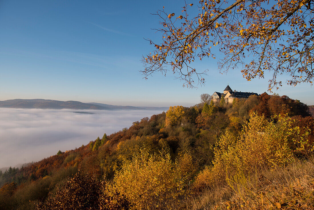 Schloss Waldeck im Herbst über dem nebelverhangenen Edersee, Schloss Waldeck, Waldeck, Nordhessen, Hessen, Deutschland, Europa