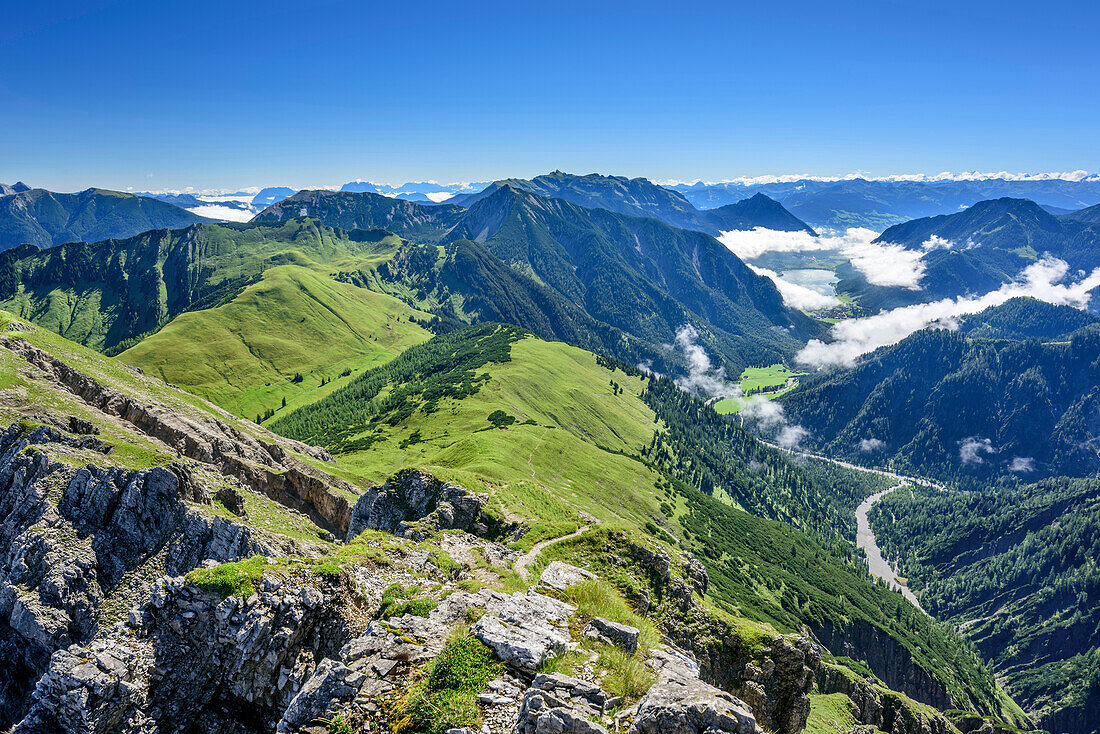 View towards Rofan range and lake Achensee, from Mondscheinspitze, Natural Park Karwendel, Karwendel range, Tyrol, Austria