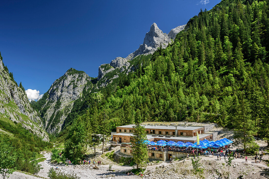 Hut Hoellentalangerhuette, Zugspitze, Wetterstein range, Upper Bavaria, Bavaria, Germany