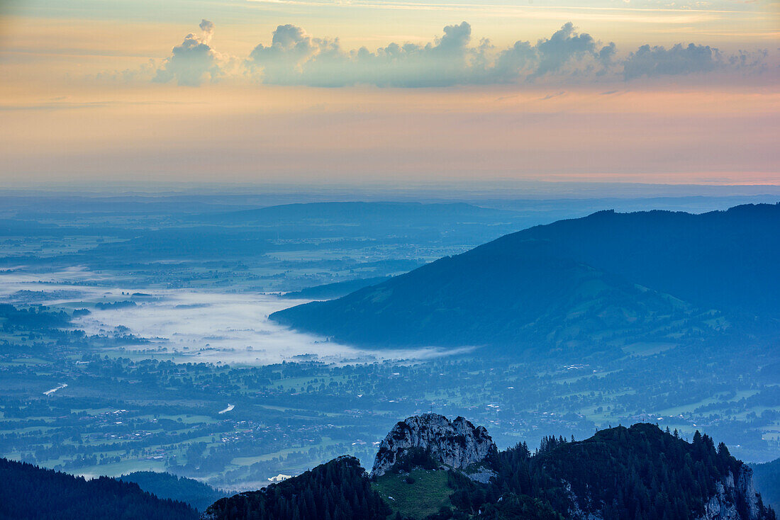 View down to valley of Isar, from Benediktenwand, Bavarian Alps, Upper Bavaria, Bavaria, Germany