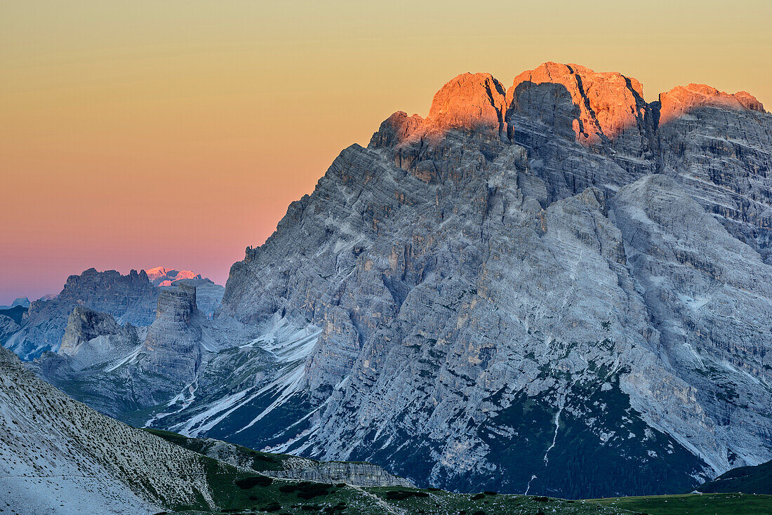 First light at Monte Cristallo, from hut Rifugio Locatelli, Sexten Dolomites, Dolomites, UNESCO World Heritage Dolomites, South Tyrol, Italy