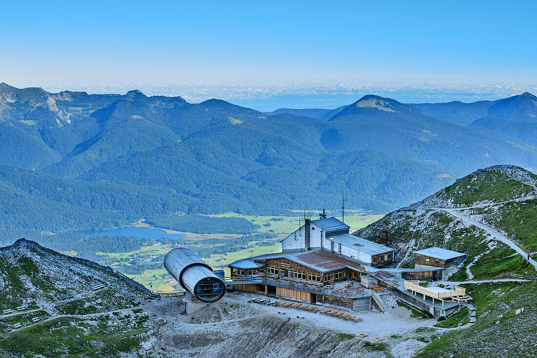 Top station of Karwendel-cablecar with telescope-shaped building, fixed-rope route Mittenwalder Hoehenweg, Karwendel range, Upper Bavaria, Bavaria, Germany