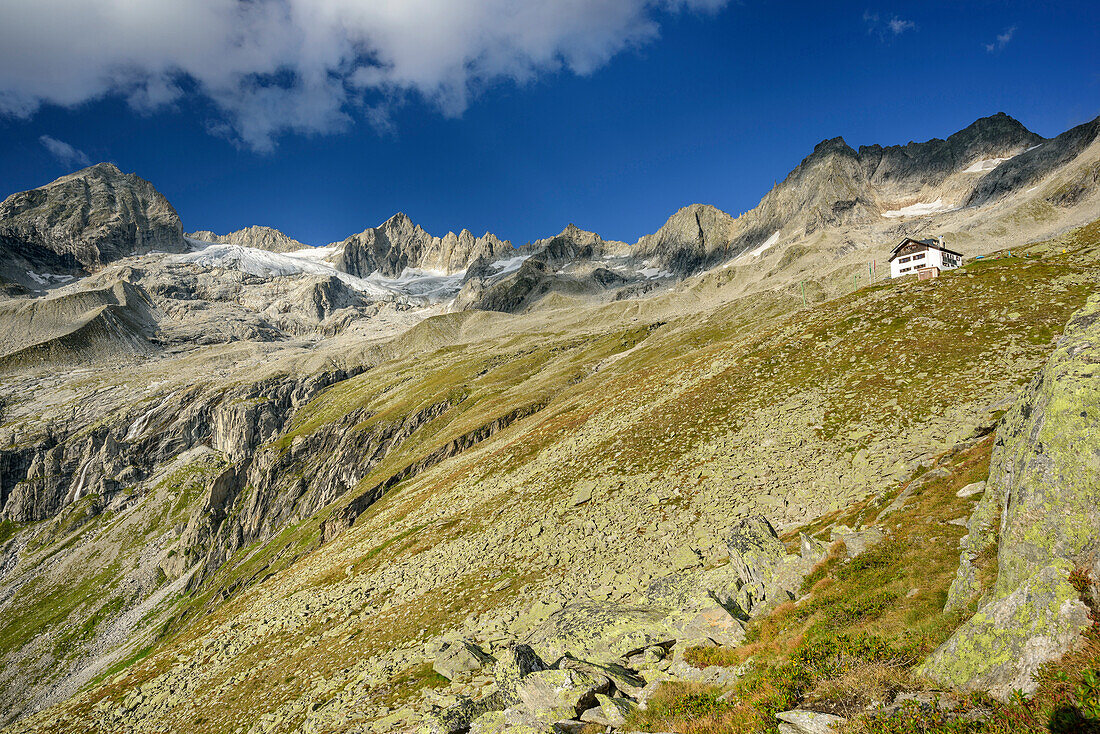 Plauener Hütte mit Kuchelmooskopf und Reichenspitze, Plauener Hütte, Reichenspitzgruppe, Zillertaler Alpen, Tirol, Österreich