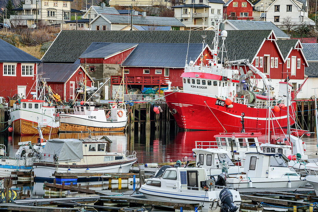 Boote und Schiffe im Hafen von Klingenberg, Klingenberg, Lofoten, Norland, Norwegen