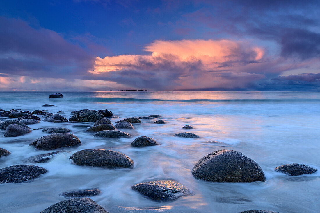 Rocks at beach flooded by surf, Lofoten, Norland, Norway