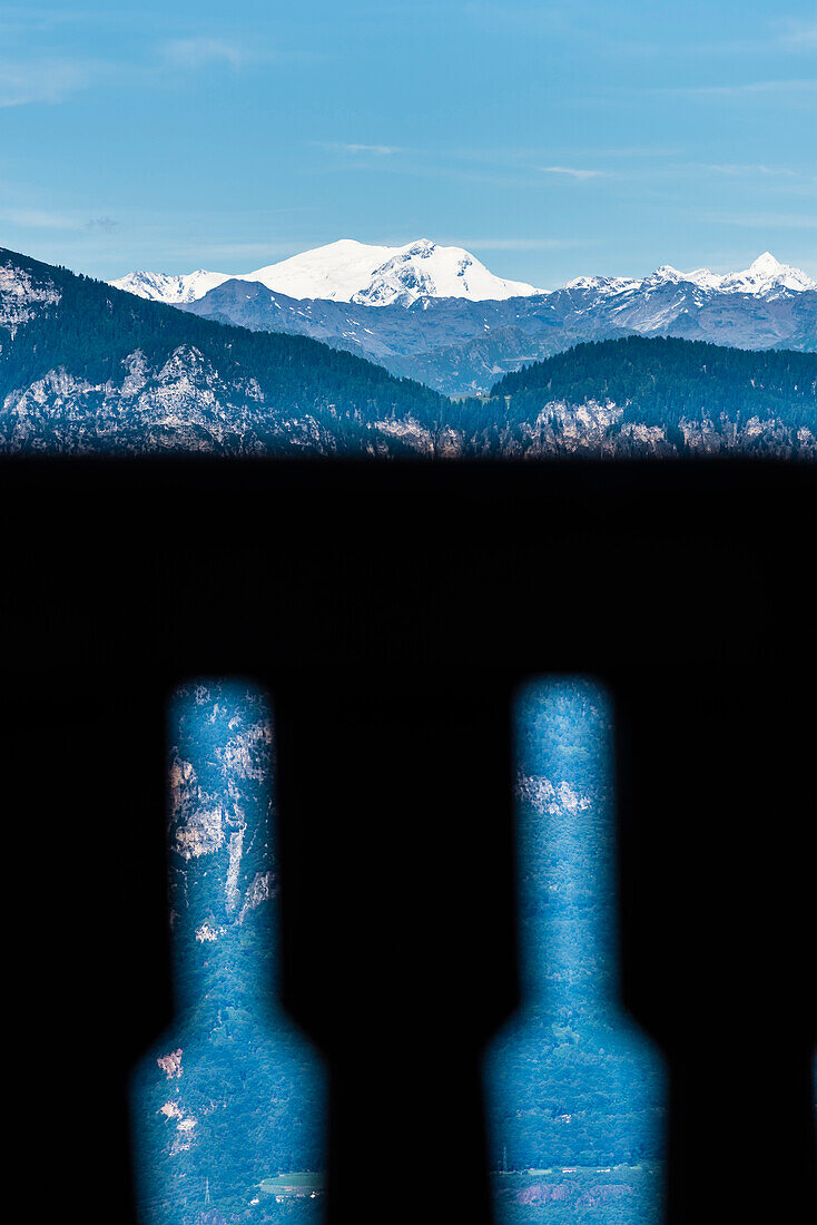 View from a balcony towards the snowy mountains, Radein, South Tyrol, Italy