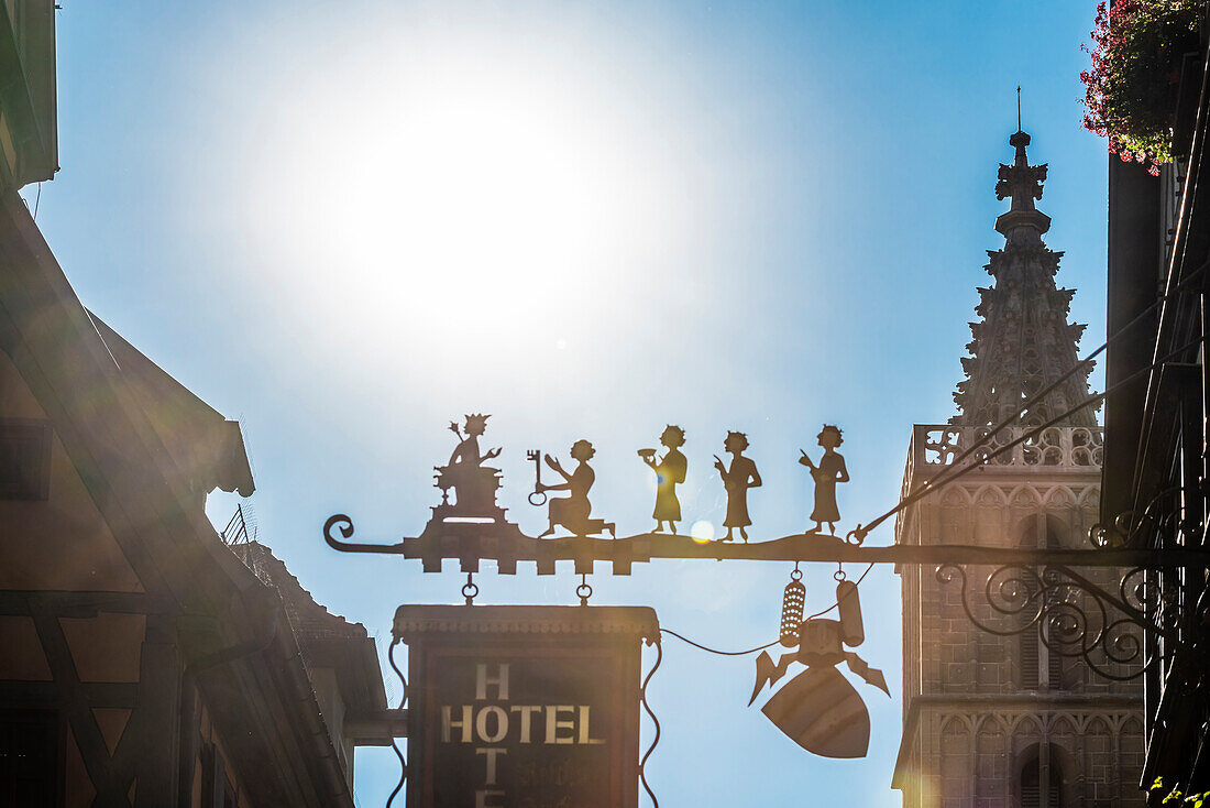 Sign at a hotel in front of the parish church of Saint Jakob, Rothenburg ob der Tauber, Bavaria, Germany