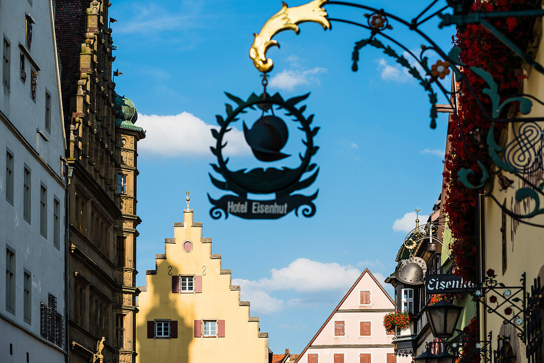 The street Herrengasse and houses on the town hall square, Rothenburg ob der Tauber, Bavaria, Germany