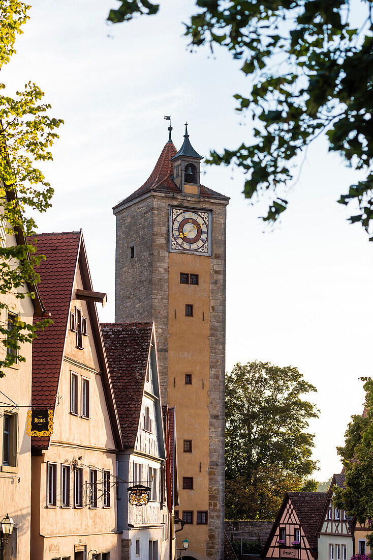 The castle tower at the end of the Herrengasse street, Rothenburg ob der Tauber, Bavaria, Germany