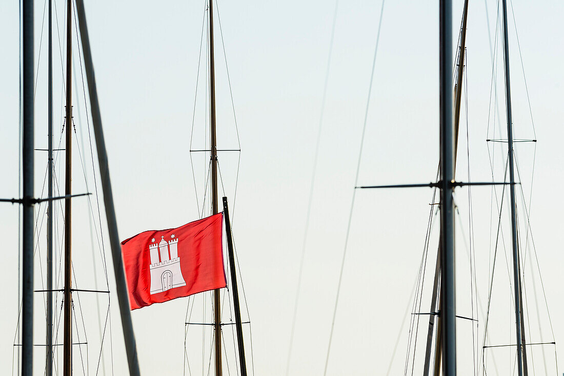 Die Hamburg Fahne zwischen der Takelage von Segelboten an der Außenalster, Hamburg, Deutschland