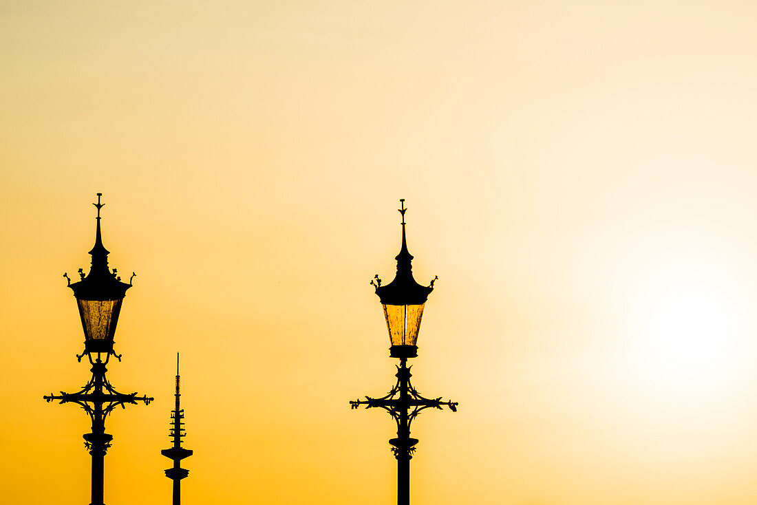 2 alte Lampen und der Fernsehturm als Silhouette im Sonnenuntergangslicht, Hamburg, Deutschland