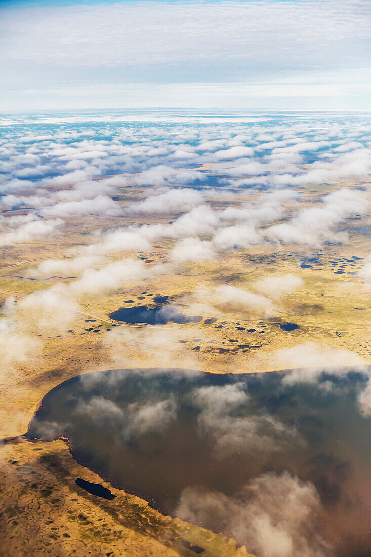 Aerial view of ponds dotting the tundra landscape, thin clouds above the land, Barrow, North Slope, Alaska, United States of America