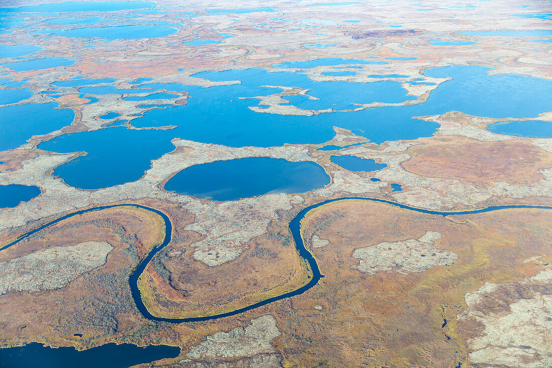 Aerial view of a stream that runs through a tundra landscape filled with small ponds, Yukon Delta, Arctic Alaska, Saint Mary's, Alaska, United States of America