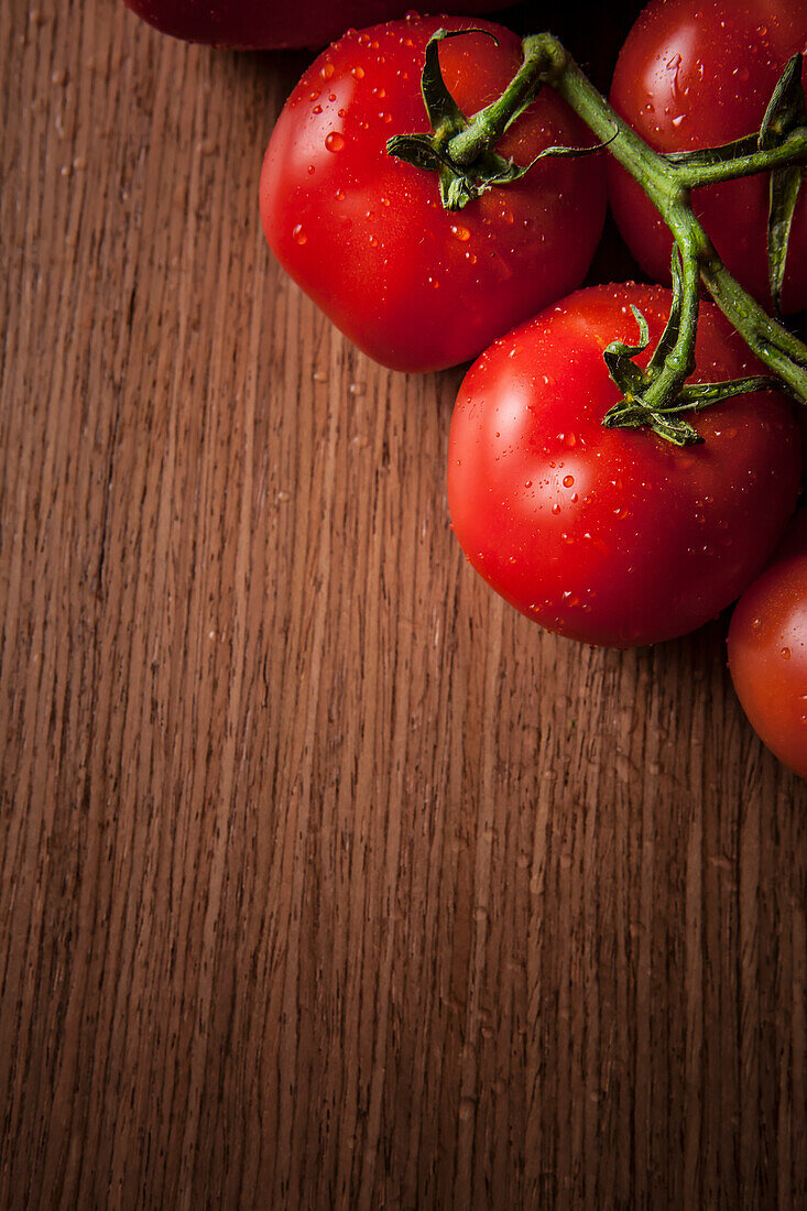 Red, ripe tomatoes on the vine with water droplets