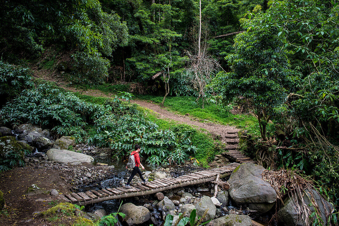 Young woman trekking in Faial da Terra, Sao Miguel, Azores, Portugal