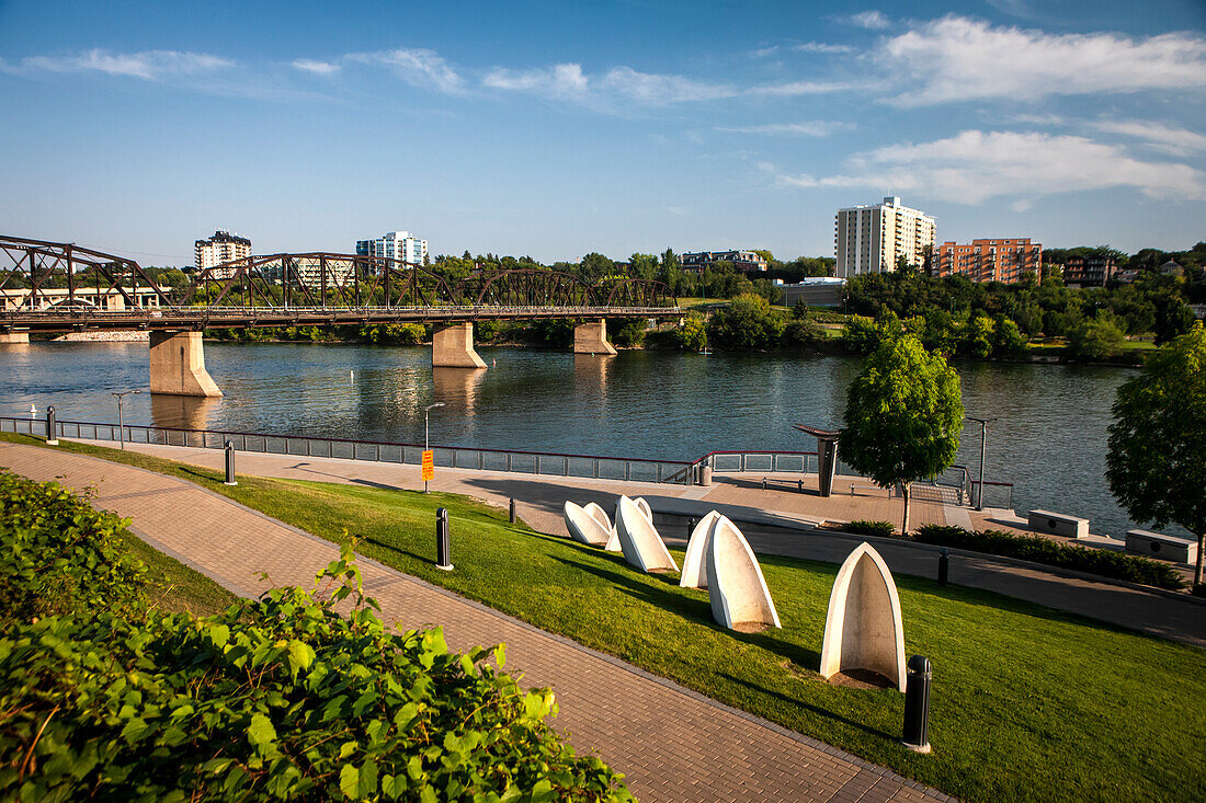 South Saskatchewan River with bridge and promenade, Saskatoon, Saskatchewan, Canada