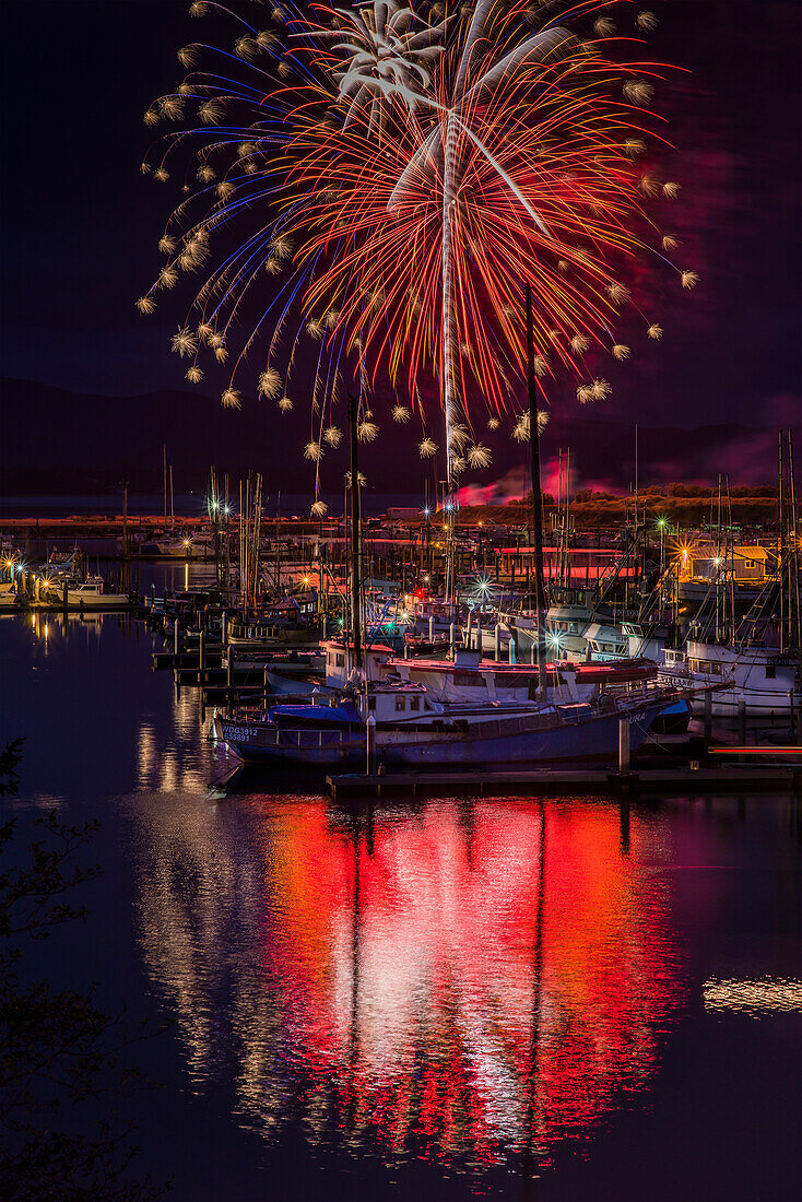 Fireworks light up the harbour, Ilwaco, Washington, United States of America