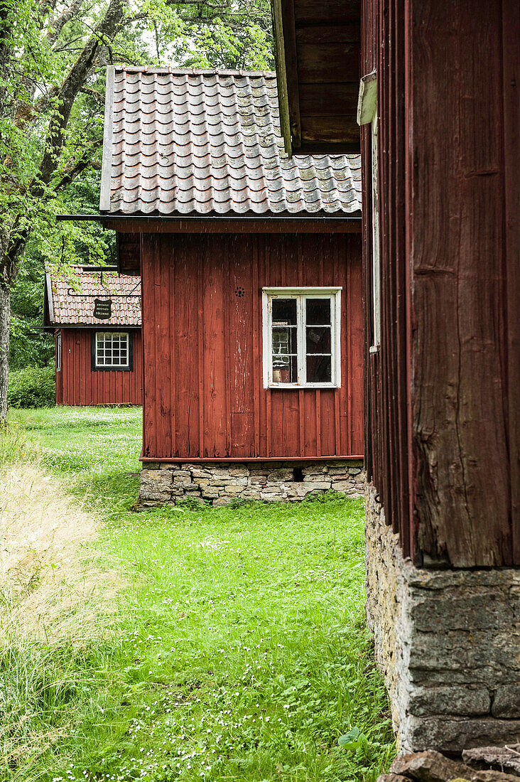 Old, historical wooden houses in Gossater, Vastergotland, Sweden