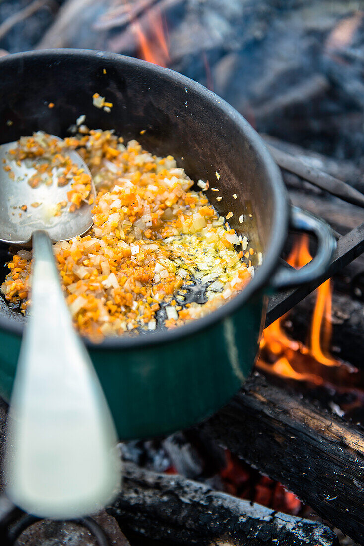 Pan on a camp fire with onions and carrots, Dalarna, Sweden