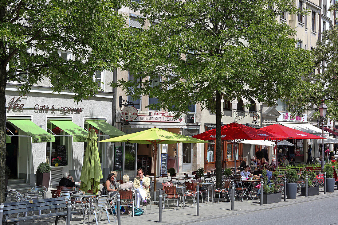 Cafe terraces, Praelat-Zistl-Strasse, Munich, Bavaria, Germany