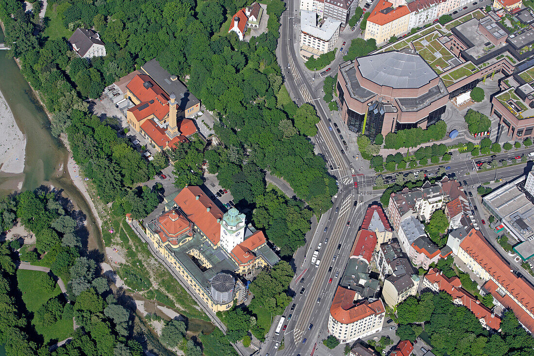 Aerial of Rosenheimer Berg with Muellersches Volksbad and Gasteig cultural centre, Haidhausen, Munich, Bavaria, Germany