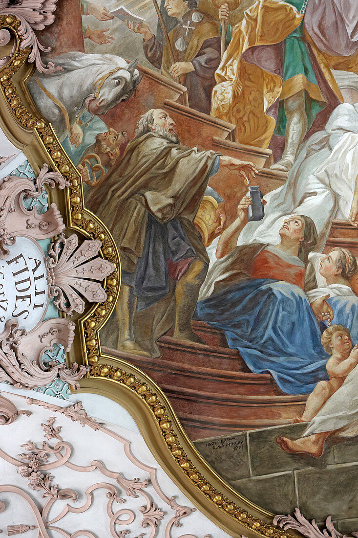 Gewölbemalerei mit Darstellung des Brezenreiter, Heilig-Geist-Kirche, München, Bayern, Deutschland