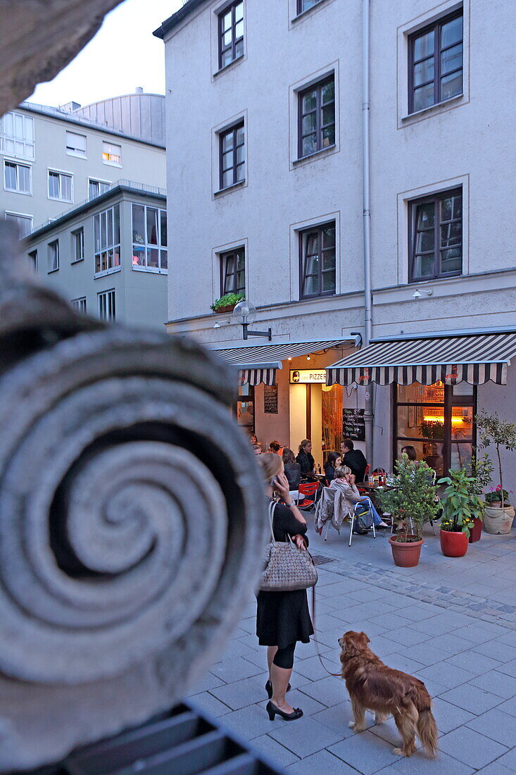 Les Baux Reste by Gabriele Henkel and Pizzeria in the background, Nieserstrasse, Munich, Bavaria, Germany