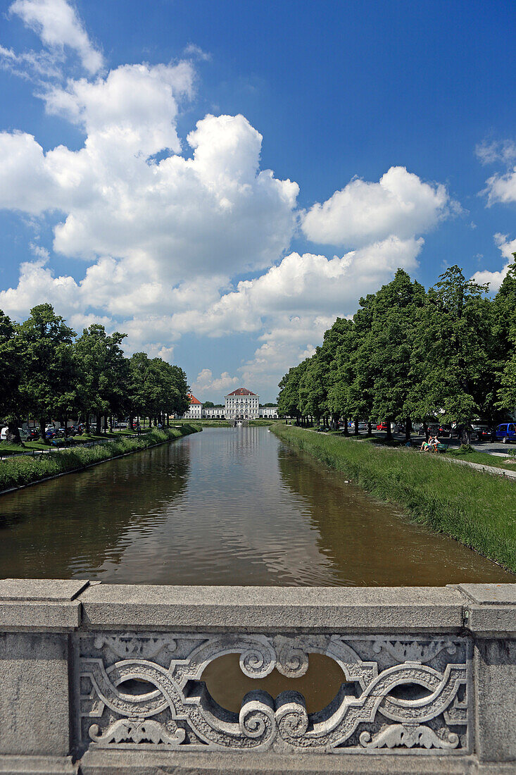 Canal and chateau Nymphenburg, seen from Menzinger Bruecke, Munich, Bavaria, Germany