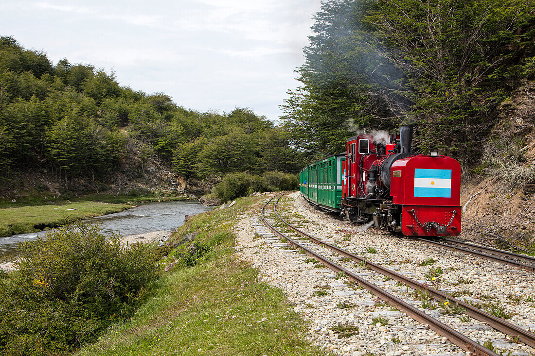Die Schmalspur Eisenbahn Ferrocarril Austral Fueguino fährt Touristen mit Dampflokomotive entlang dem Fluss Rio Pico, nahe Ushuaia, Tierra del Fuego, Patagonien, Argentinien