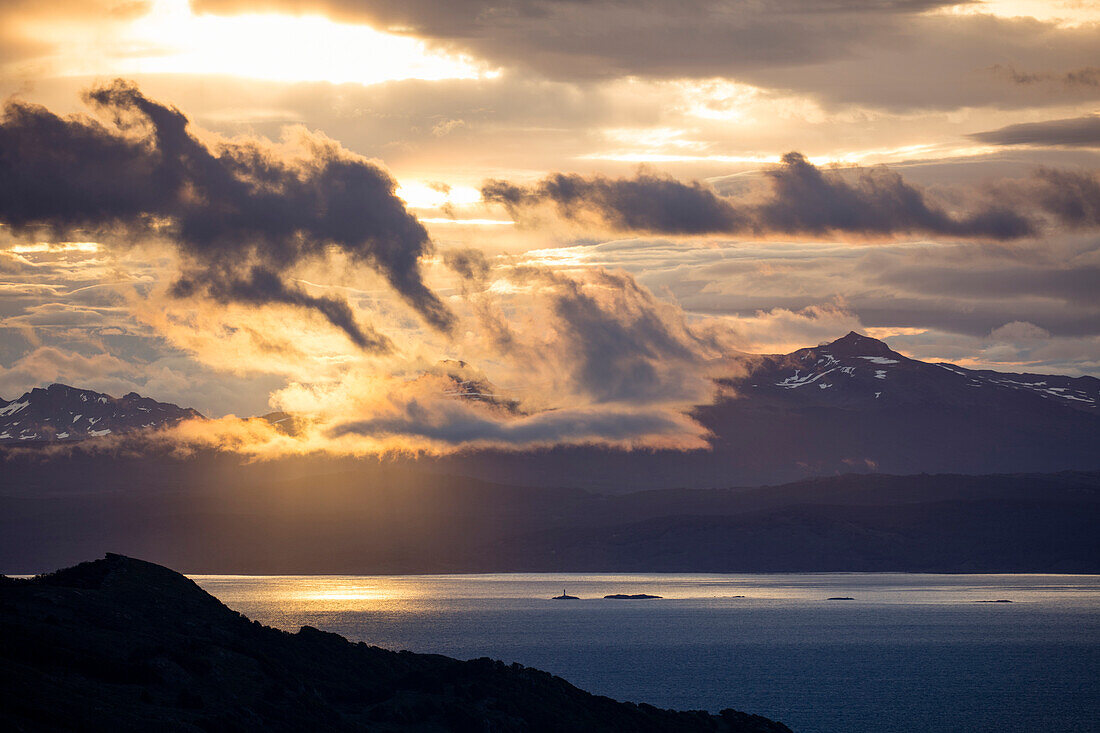Overhead of Beagle Channel seen from Arakur Ushuaia Resort and Spa at sunrise Ushuaia, Tierra del Fuego, Patagonia, Argentina