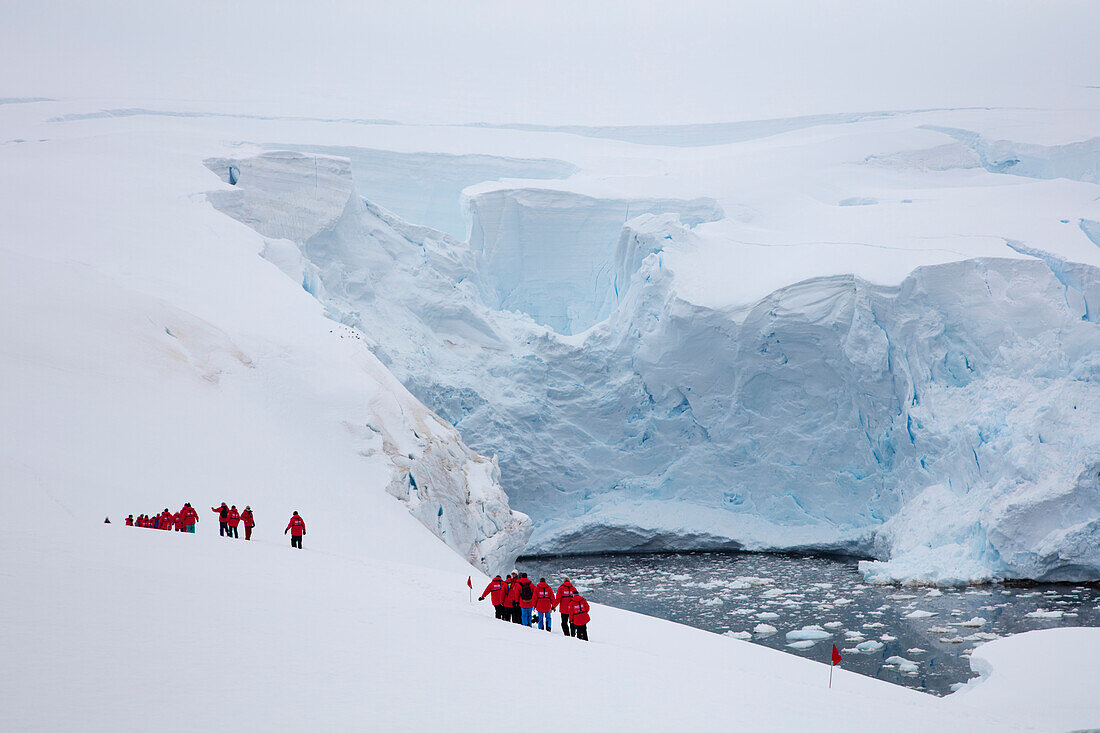 Passengers of expedition cruise ship MV Sea Spirit (Poseidon Expeditions) walk on snow bridge Portal Point, Graham Land, Antarctic Peninsula, Antarctica