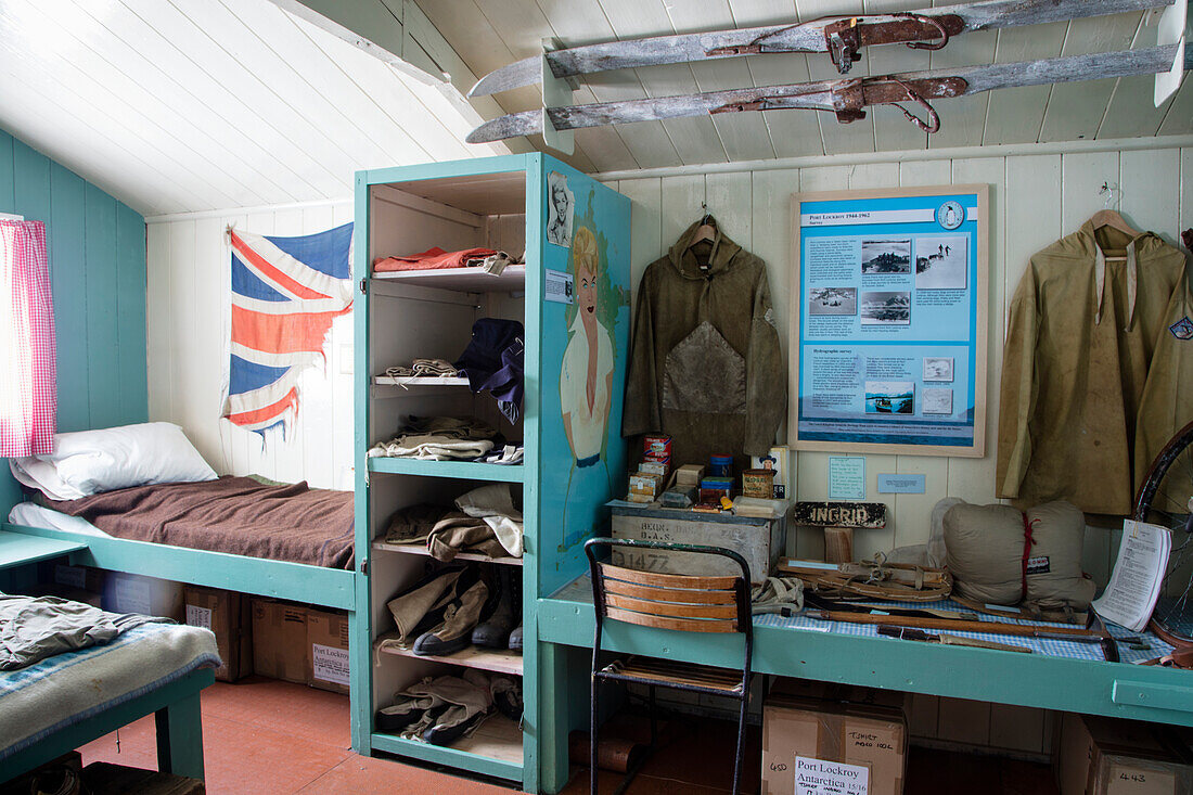 Old sleeping quarters on display at the museum of Port Lockroy British Antarctic Survey Station Port Lockroy, Wiencke Island, Graham Land, Antarctic Peninsula, Antarctica