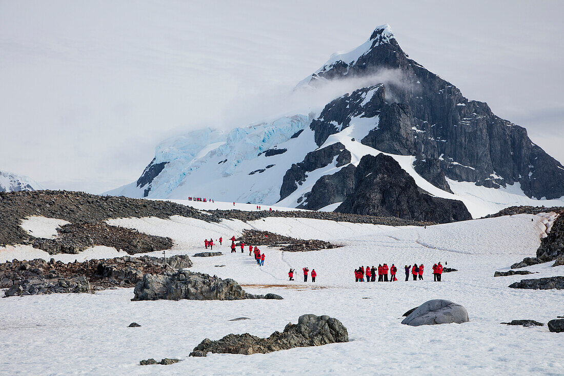 Passagiere von Expeditions Kreuzfahrtschiff MV Sea Spirit (Poseidon Expeditions) laufen durch eisige Landschaft, Rongé Island, Errera Channel, Grahamland, Antarktische Halbinsel, Antarktis