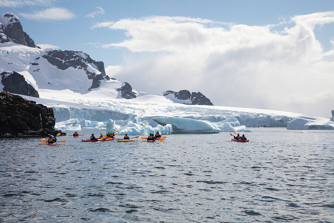 Sea kayak excursion for passengers of expedition cruise ship MV Sea Spirit (Poseidon Expeditions) Cuverville Island, Graham Land, Antarctic Peninsula, Antarctica