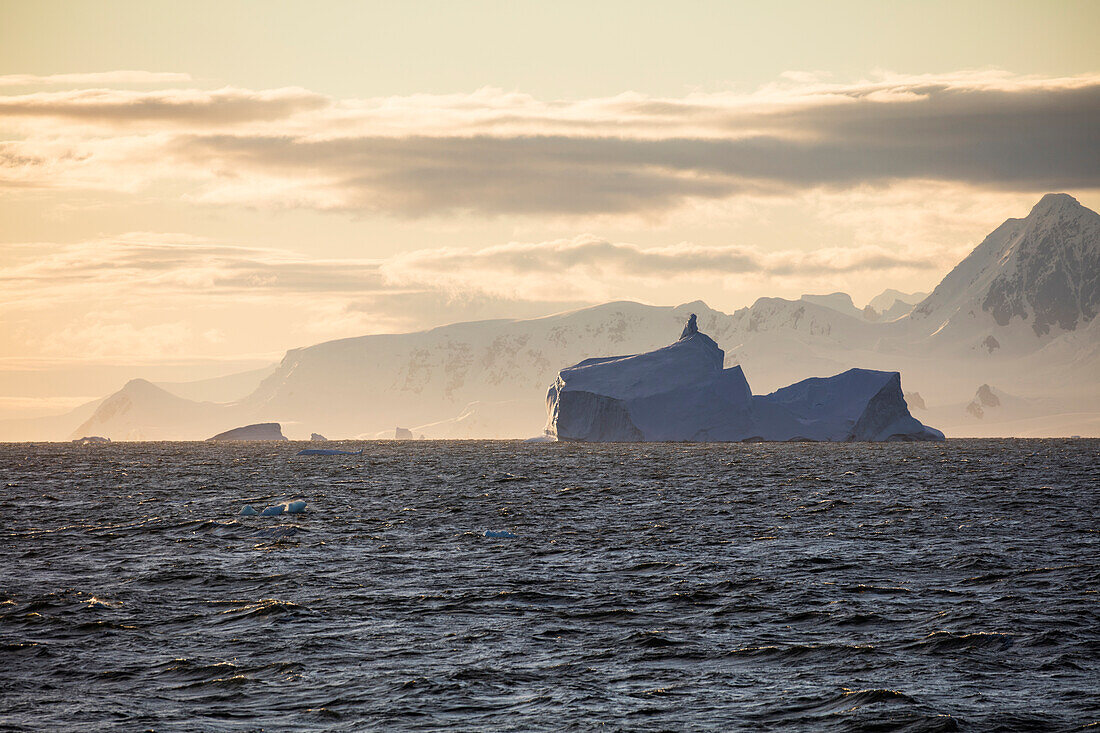 Eisberg und schneebedeckte Berge bei Sonnenuntergang, Gerlache Strait, Grahamland, Antarktische Halbinsel, Antarktis