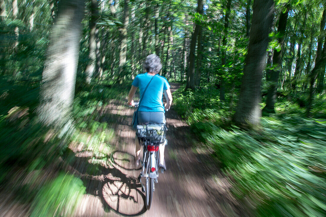 Fahrradfahren im Wald, Bewegung, verwischt, Fahrradtour, Freizeit, Mecklenburg-Vorpommern, Deutschland