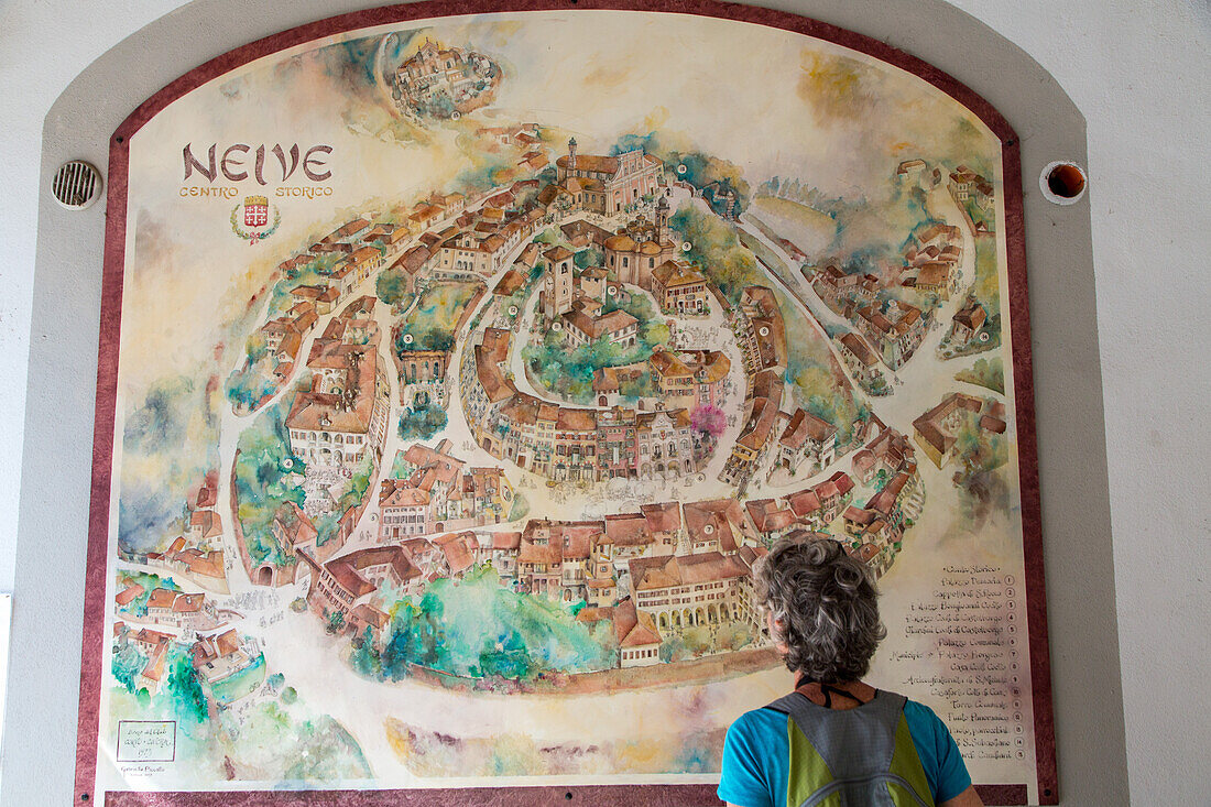 gemalter Stadtplan, Vogelperspektive, Stadtansicht, von Neive, Piemont, Provinz Cuneo, Italien